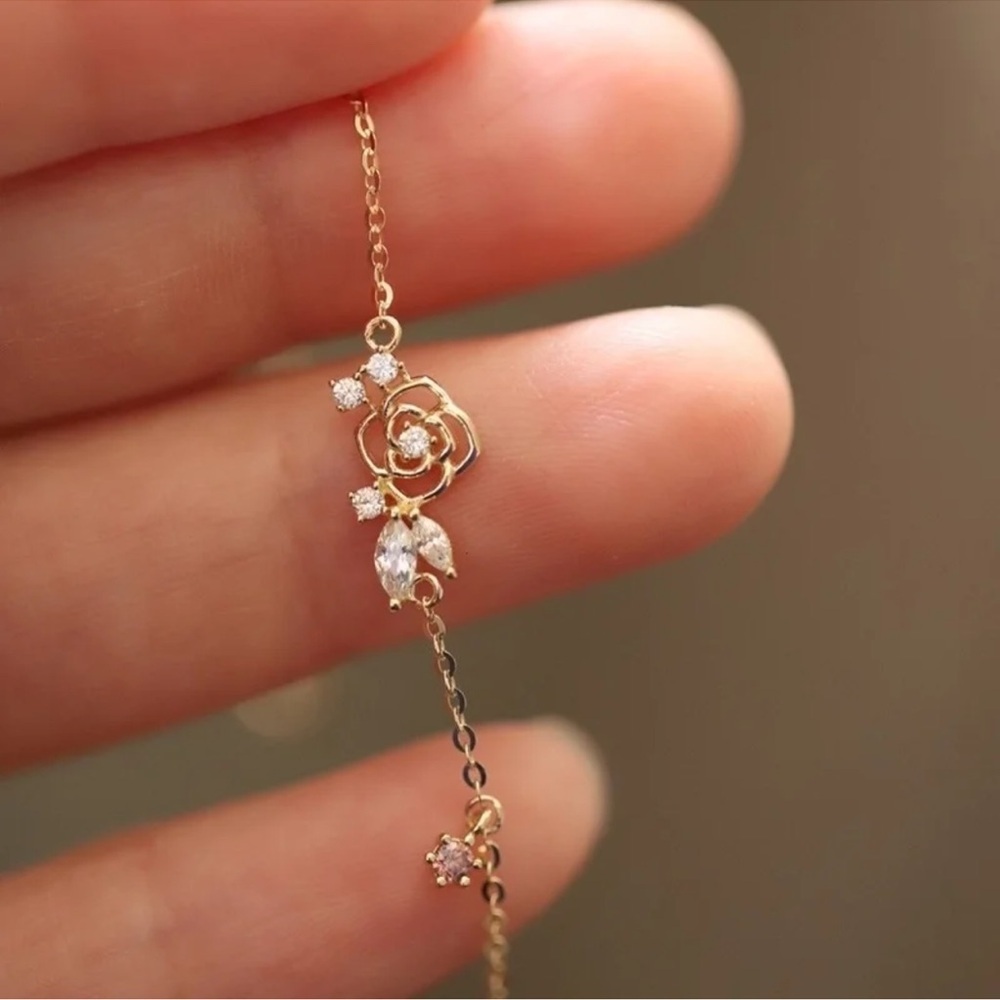 925 Sterling Silver Gold Rose Bracelet - Picture 4 of 7